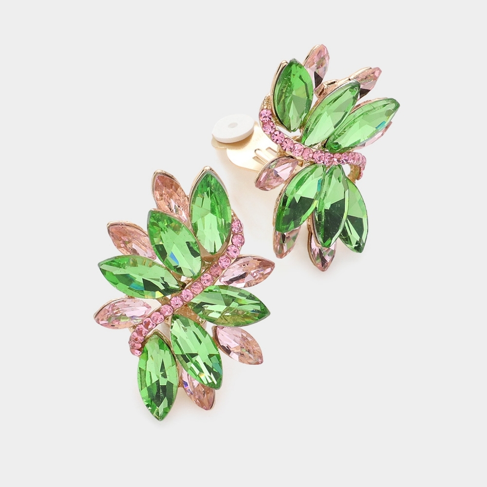 Pink and Green Marquise Crystal Clip On Earrings 1.5 Inch Swirl Leaf ClipOns